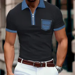 Sale OUKU Men's Polo Shirt Golf Shirt Casual Holiday Lapel Quarter Zip Short Sleeve Fashion Basic Color Block Quarter Zip Summer Regular Fit Light Blue Black White Khaki Dark Grey Polo Shirt