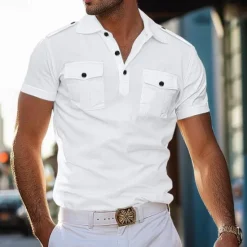 Hot OUKU Men's Polo Shirt Golf Shirt Work Casual Lapel Short Sleeve Basic Modern Solid Color Patchwork Button Spring & Summer Regular Fit Black White Grey Polo Shirt