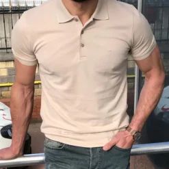 OUKU Men's Polo Shirt Golf Shirt Outdoor Casual Polo Collar Short Sleeve Fashion Streetwear Solid Color Plain Button Front Summer Regular Fit Black White Khaki Polo Shirt