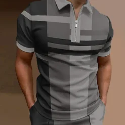 Sale OUKU Men's Polo Shirt Golf Shirt Casual Holiday Lapel Quarter Zip Short Sleeve Fashion Basic Plaid Quarter Zip Summer Regular Fit Red Blue Purple Brown Green Gray Polo Shirt
