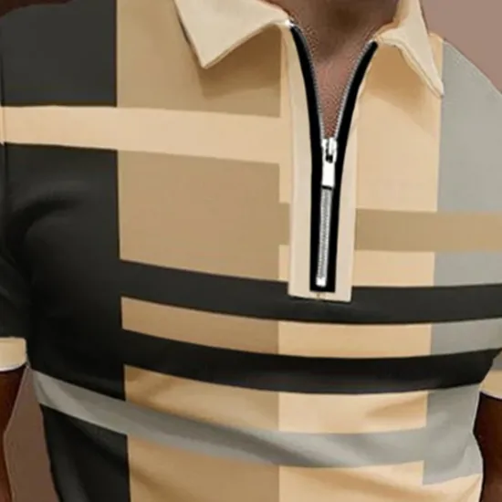 Sale OUKU Men's Polo Shirt Golf Shirt Casual Holiday Lapel Quarter Zip Short Sleeve Fashion Basic Plaid Quarter Zip Summer Regular Fit Red Blue Purple Brown Green Gray Polo Shirt