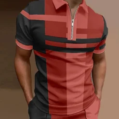 Sale OUKU Men's Polo Shirt Golf Shirt Casual Holiday Lapel Quarter Zip Short Sleeve Fashion Basic Plaid Quarter Zip Summer Regular Fit Red Blue Purple Brown Green Gray Polo Shirt