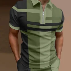 Sale OUKU Men's Polo Shirt Golf Shirt Casual Holiday Lapel Quarter Zip Short Sleeve Fashion Basic Plaid Quarter Zip Summer Regular Fit Red Blue Purple Brown Green Gray Polo Shirt