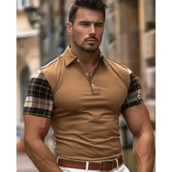Discount OUKU Men's Polo Shirt Golf Shirt Casual Holiday Lapel Short Sleeve Fashion Basic Color Block Plaid / Check Patchwork Summer Regular Fit Burgundy Brown Polo Shirt