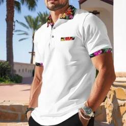Discount OUKU Men's Polo Shirt Golf Shirt Work Casual Lapel Ribbed Polo Collar Short Sleeve Basic Modern Floral Color Block Patchwork Button Spring & Summer Regular Fit Black White Orange Green Polo Shirt