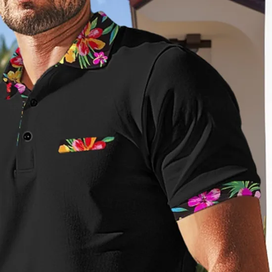Discount OUKU Men's Polo Shirt Golf Shirt Work Casual Lapel Ribbed Polo Collar Short Sleeve Basic Modern Floral Color Block Patchwork Button Spring & Summer Regular Fit Black White Orange Green Polo Shirt
