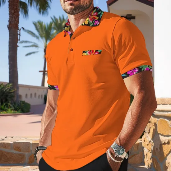 Discount OUKU Men's Polo Shirt Golf Shirt Work Casual Lapel Ribbed Polo Collar Short Sleeve Basic Modern Floral Color Block Patchwork Button Spring & Summer Regular Fit Black White Orange Green Polo Shirt