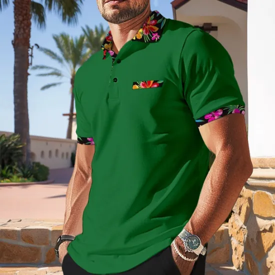 Discount OUKU Men's Polo Shirt Golf Shirt Work Casual Lapel Ribbed Polo Collar Short Sleeve Basic Modern Floral Color Block Patchwork Button Spring & Summer Regular Fit Black White Orange Green Polo Shirt