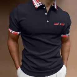 Online OUKU Men's Polo Shirt Golf Shirt Casual Holiday Lapel Quarter Zip Short Sleeve Fashion Basic Plain Quarter Zip Summer Regular Fit Black White Red Dark Navy Green Light Grey Polo Shirt
