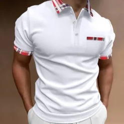 Online OUKU Men's Polo Shirt Golf Shirt Casual Holiday Lapel Quarter Zip Short Sleeve Fashion Basic Plain Quarter Zip Summer Regular Fit Black White Red Dark Navy Green Light Grey Polo Shirt