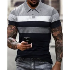 Discount OUKU Men's Polo Shirt Golf Shirt Striped Graphic Prints Turndown Black Red Gray Outdoor Street Short Sleeves Button-Down Print Clothing Apparel Sports Fashion Streetwear Designer