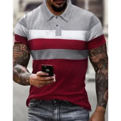 Discount OUKU Men's Polo Shirt Golf Shirt Striped Graphic Prints Turndown Black Red Gray Outdoor Street Short Sleeves Button-Down Print Clothing Apparel Sports Fashion Streetwear Designer