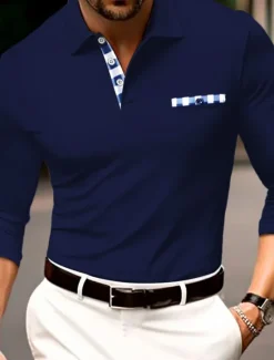 Sale OUKU Men's Polo Shirt Golf Shirt Casual Sports Lapel Long Sleeve Fashion Basic Color Block Button Front Pocket Spring & Fall Regular Fit Black White Navy Blue Gray Polo Shirt