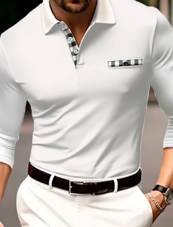 Sale OUKU Men's Polo Shirt Golf Shirt Casual Sports Lapel Long Sleeve Fashion Basic Color Block Button Front Pocket Spring & Fall Regular Fit Black White Navy Blue Gray Polo Shirt