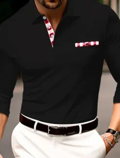 Sale OUKU Men's Polo Shirt Golf Shirt Casual Sports Lapel Long Sleeve Fashion Basic Color Block Button Front Pocket Spring & Fall Regular Fit Black White Navy Blue Gray Polo Shirt