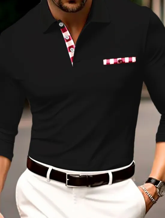 Sale OUKU Men's Polo Shirt Golf Shirt Casual Sports Lapel Long Sleeve Fashion Basic Color Block Button Front Pocket Spring & Fall Regular Fit Black White Navy Blue Gray Polo Shirt