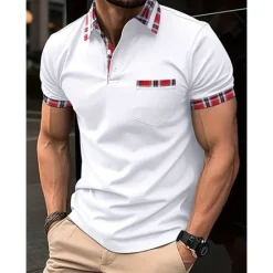 Best OUKU Men's Polo Shirt Golf Shirt Casual Sports Classic Short Sleeve Fashion Basic Plaid Color Block Patchwork Pocket Summer Regular Fit Black White Red Navy Blue Blue Green Polo Shirt