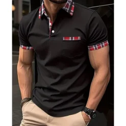 Best OUKU Men's Polo Shirt Golf Shirt Casual Sports Classic Short Sleeve Fashion Basic Plaid Color Block Patchwork Pocket Summer Regular Fit Black White Red Navy Blue Blue Green Polo Shirt
