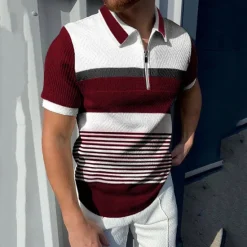 Best OUKU Men's Polo Shirt Golf Shirt Casual Holiday Lapel Quarter Zip Short Sleeve Fashion Basic Color Block Quarter Zip Summer Regular Fit Red Brown Light Grey Gray Polo Shirt