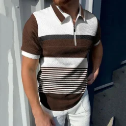 Best OUKU Men's Polo Shirt Golf Shirt Casual Holiday Lapel Quarter Zip Short Sleeve Fashion Basic Color Block Quarter Zip Summer Regular Fit Red Brown Light Grey Gray Polo Shirt