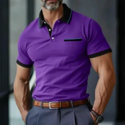 New OUKU Men's Polo Shirt Golf Shirt Casual Holiday Ribbed Polo Collar Classic Short Sleeve Fashion Basic Color Block Patchwork Pocket Summer Regular Fit Purple Grey Polo Shirt