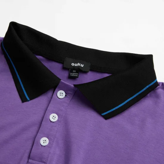 New OUKU Men's Polo Shirt Golf Shirt Casual Holiday Ribbed Polo Collar Classic Short Sleeve Fashion Basic Color Block Patchwork Pocket Summer Regular Fit Purple Grey Polo Shirt