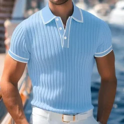 Outlet OUKU Men's Polo Shirt Golf Shirt Work Casual Lapel Ribbed Polo Collar Short Sleeve Basic Modern Color Block Patchwork Button Spring & Summer Regular Fit Light Blue White Burgundy Navy Blue Gray Polo Shirt
