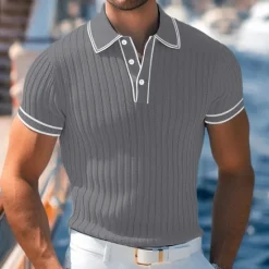 Outlet OUKU Men's Polo Shirt Golf Shirt Work Casual Lapel Ribbed Polo Collar Short Sleeve Basic Modern Color Block Patchwork Button Spring & Summer Regular Fit Light Blue White Burgundy Navy Blue Gray Polo Shirt