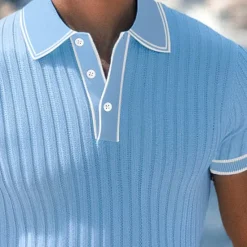 Outlet OUKU Men's Polo Shirt Golf Shirt Work Casual Lapel Ribbed Polo Collar Short Sleeve Basic Modern Color Block Patchwork Button Spring & Summer Regular Fit Light Blue White Burgundy Navy Blue Gray Polo Shirt