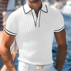 Outlet OUKU Men's Polo Shirt Golf Shirt Work Casual Lapel Ribbed Polo Collar Short Sleeve Basic Modern Color Block Patchwork Button Spring & Summer Regular Fit Light Blue White Burgundy Navy Blue Gray Polo Shirt
