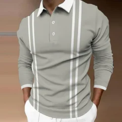 Best OUKU Men's Polo Shirt Golf Shirt Street Casual Polo Collar Classic Long Sleeve Fashion Designer Striped Button Front Button-Down Spring & Fall Regular Fit Black Pink Light Grey Gray Polo Shirt