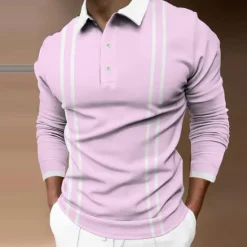 Best OUKU Men's Polo Shirt Golf Shirt Street Casual Polo Collar Classic Long Sleeve Fashion Designer Striped Button Front Button-Down Spring & Fall Regular Fit Black Pink Light Grey Gray Polo Shirt
