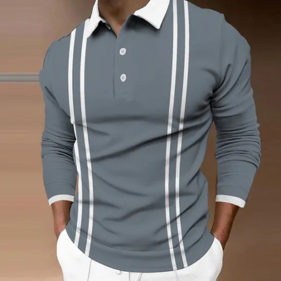 Best OUKU Men's Polo Shirt Golf Shirt Street Casual Polo Collar Classic Long Sleeve Fashion Designer Striped Button Front Button-Down Spring & Fall Regular Fit Black Pink Light Grey Gray Polo Shirt