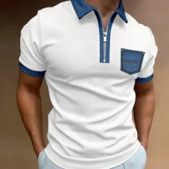 Outlet OUKU Men's Polo Shirt Golf Shirt Casual Holiday Lapel Quarter Zip Short Sleeve Fashion Basic Color Block Quarter Zip Summer Regular Fit Black White Blue Beige Gray Polo Shirt