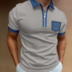Outlet OUKU Men's Polo Shirt Golf Shirt Casual Holiday Lapel Quarter Zip Short Sleeve Fashion Basic Color Block Quarter Zip Summer Regular Fit Black White Blue Beige Gray Polo Shirt
