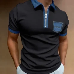 Outlet OUKU Men's Polo Shirt Golf Shirt Casual Holiday Lapel Quarter Zip Short Sleeve Fashion Basic Color Block Quarter Zip Summer Regular Fit Black White Blue Beige Gray Polo Shirt