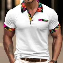 Outlet OUKU Men's Polo Shirt Golf Shirt Work Casual Lapel Classic Short Sleeve Basic Modern Floral Color Block Patchwork Button Spring & Summer Regular Fit Black White Orange Green Polo Shirt