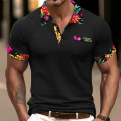 Outlet OUKU Men's Polo Shirt Golf Shirt Work Casual Lapel Classic Short Sleeve Basic Modern Floral Color Block Patchwork Button Spring & Summer Regular Fit Black White Orange Green Polo Shirt
