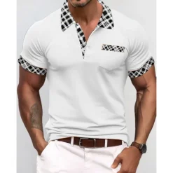 Discount OUKU Men's Polo Shirt Golf Shirt Casual Holiday Lapel Short Sleeve Fashion Basic Houndstooth Plaid / Check Patchwork Pocket Summer Regular Fit Dark Grey White Sky Blue Orange Khaki Polo Shirt