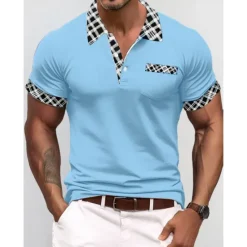 Discount OUKU Men's Polo Shirt Golf Shirt Casual Holiday Lapel Short Sleeve Fashion Basic Houndstooth Plaid / Check Patchwork Pocket Summer Regular Fit Dark Grey White Sky Blue Orange Khaki Polo Shirt