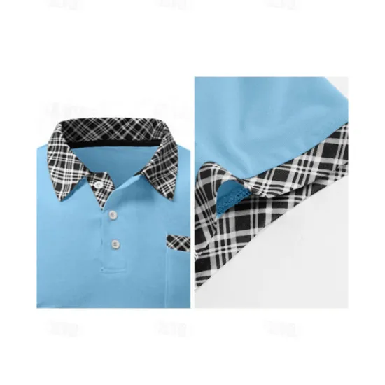 Discount OUKU Men's Polo Shirt Golf Shirt Casual Holiday Lapel Short Sleeve Fashion Basic Houndstooth Plaid / Check Patchwork Pocket Summer Regular Fit Dark Grey White Sky Blue Orange Khaki Polo Shirt