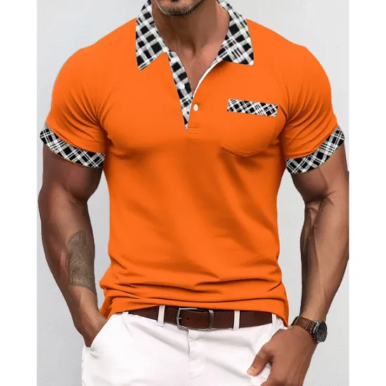 Discount OUKU Men's Polo Shirt Golf Shirt Casual Holiday Lapel Short Sleeve Fashion Basic Houndstooth Plaid / Check Patchwork Pocket Summer Regular Fit Dark Grey White Sky Blue Orange Khaki Polo Shirt