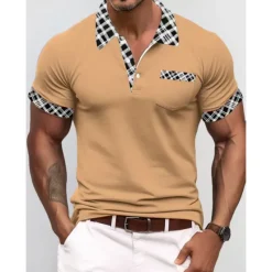 Discount OUKU Men's Polo Shirt Golf Shirt Casual Holiday Lapel Short Sleeve Fashion Basic Houndstooth Plaid / Check Patchwork Pocket Summer Regular Fit Dark Grey White Sky Blue Orange Khaki Polo Shirt