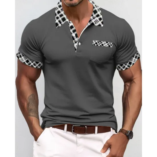 Discount OUKU Men's Polo Shirt Golf Shirt Casual Holiday Lapel Short Sleeve Fashion Basic Houndstooth Plaid / Check Patchwork Pocket Summer Regular Fit Dark Grey White Sky Blue Orange Khaki Polo Shirt