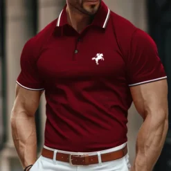 OUKU Men's Polo Shirt Golf Shirt Casual Holiday Lapel Short Sleeve Fashion Basic Color Block Horse Patchwork Embroidery Summer Regular Fit Black Burgundy Green Polo Shirt