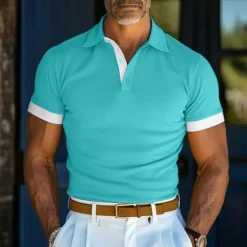 Clearance OUKU Men's Polo Shirt Golf Shirt Work Casual Lapel Ribbed Polo Collar Short Sleeve Basic Modern Color Block Button Spring & Summer Regular Fit Black Turquoise Yellow Navy Blue Royal Blue Polo Shirt