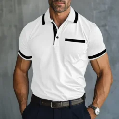Hot OUKU Men's Polo Shirt Golf Shirt Casual Sports Lapel Short Sleeve Fashion Basic Color Block Patchwork Front Pocket Summer Regular Fit Dark red White Navy Blue Sky Blue Grey Polo Shirt