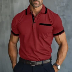 Hot OUKU Men's Polo Shirt Golf Shirt Casual Sports Lapel Short Sleeve Fashion Basic Color Block Patchwork Front Pocket Summer Regular Fit Dark red White Navy Blue Sky Blue Grey Polo Shirt