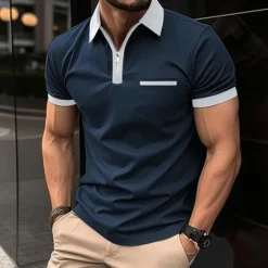 New OUKU Men's Polo Shirt Golf Shirt Casual Holiday Lapel Quarter Zip Short Sleeve Fashion Basic Plain Quarter Zip Summer Regular Fit Black White Red Dark Navy Blue Green Polo Shirt