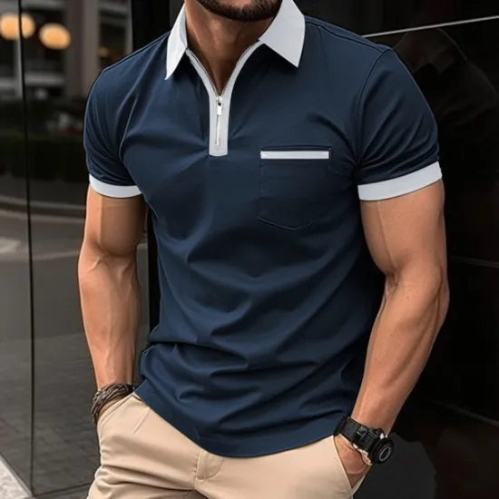 New OUKU Men's Polo Shirt Golf Shirt Casual Holiday Lapel Quarter Zip Short Sleeve Fashion Basic Plain Quarter Zip Summer Regular Fit Black White Red Dark Navy Blue Green Polo Shirt